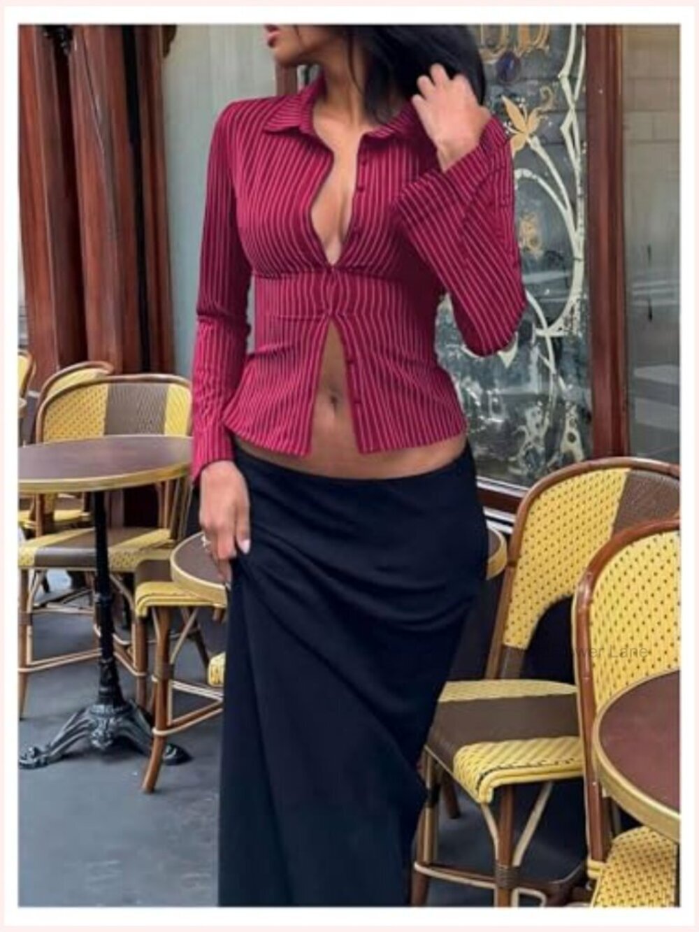 Striped Long Sleeve Button Down Cropped Blouse Fitted Collar Top - Picture 4 of 4